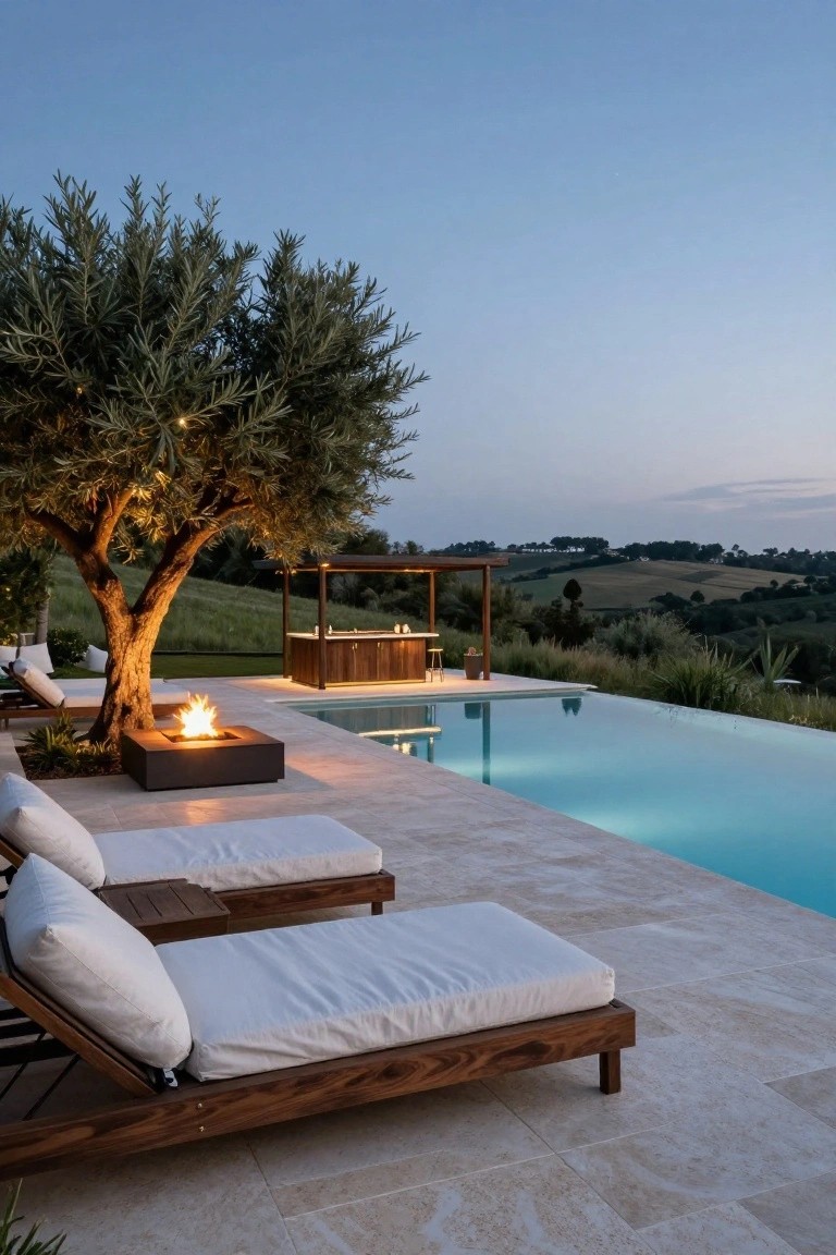 15 Stunning Pool Landscaping Backyard Looks You’ll Want to Copy Infinity edge pool with square deck-level fire pit, white cushions on wooden loungers, lit olive tree, and wooden pergola outdoor kitchen on travertine deck overlooking rolling hills at dusk.