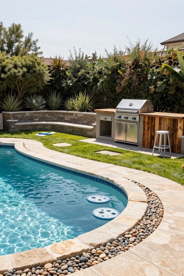 15 Stunning Pool Landscaping Backyard Looks You’ll Want to Copy Curved blue-tiled swimming pool edged with stone decking and pebbles, adjacent to a built-in outdoor kitchen with stainless steel grill, wooden countertop, and white bar stool, backed by greenery and a stone bench.