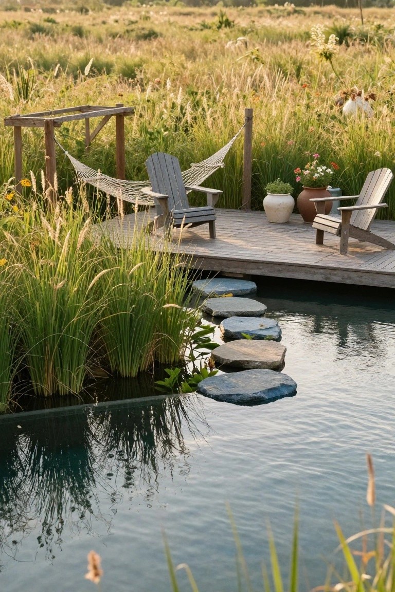 15 Stunning Pool Landscaping Backyard Looks You’ll Want to Copy Wooden deck with two Adirondack chairs, a hammock, and potted plants near a dark pool featuring large flat stepping stones across the water, bordered by tall ornamental grasses.