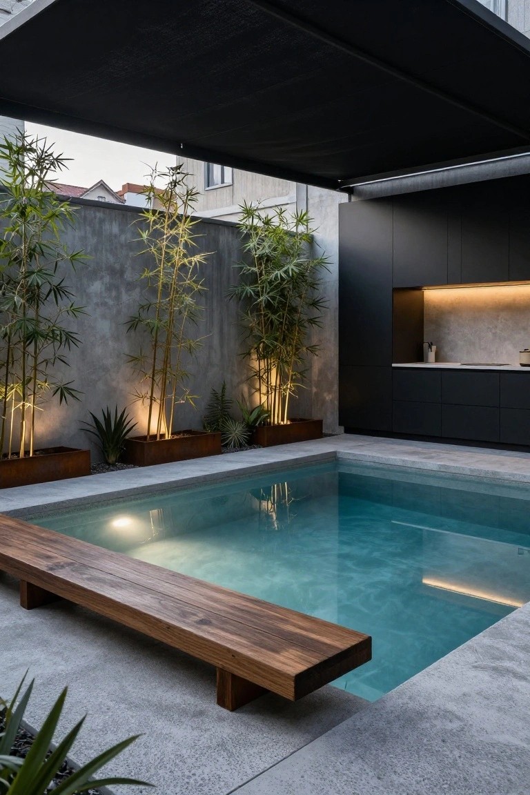 15 Stunning Pool Landscaping Backyard Looks You’ll Want to Copy Small turquoise plunge pool in a concrete backyard patio with a long low wooden bench along one edge, black outdoor kitchen cabinets nearby, bamboo plants in metal planters against textured gray walls, and black shade canopy overhead.