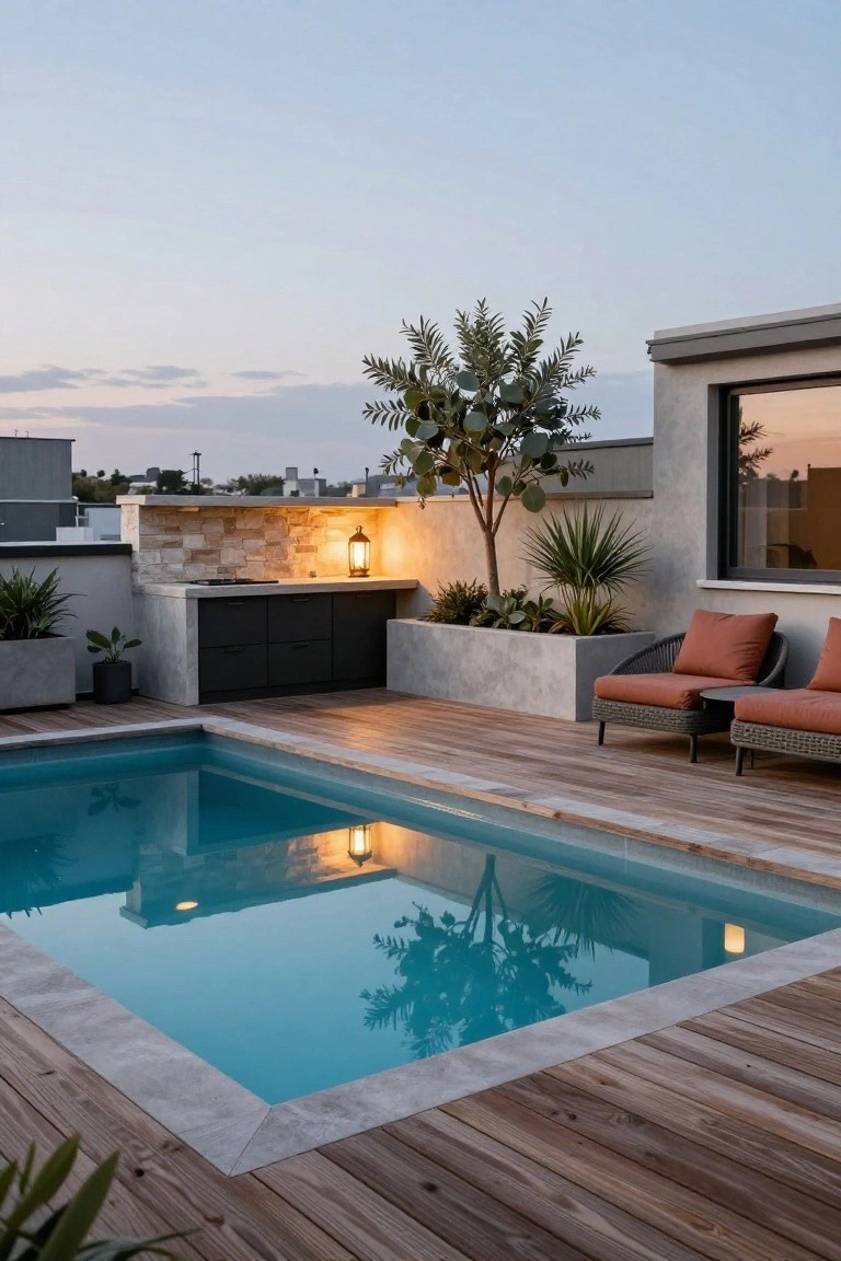 15 Stunning Pool Landscaping Backyard Looks You’ll Want to Copy Rooftop terrace with rectangular turquoise pool edged in light wood decking, stone outdoor kitchen with black cabinets and hanging lantern light, two rattan lounge chairs with orange cushions, potted plants, and city buildings in background at dusk.