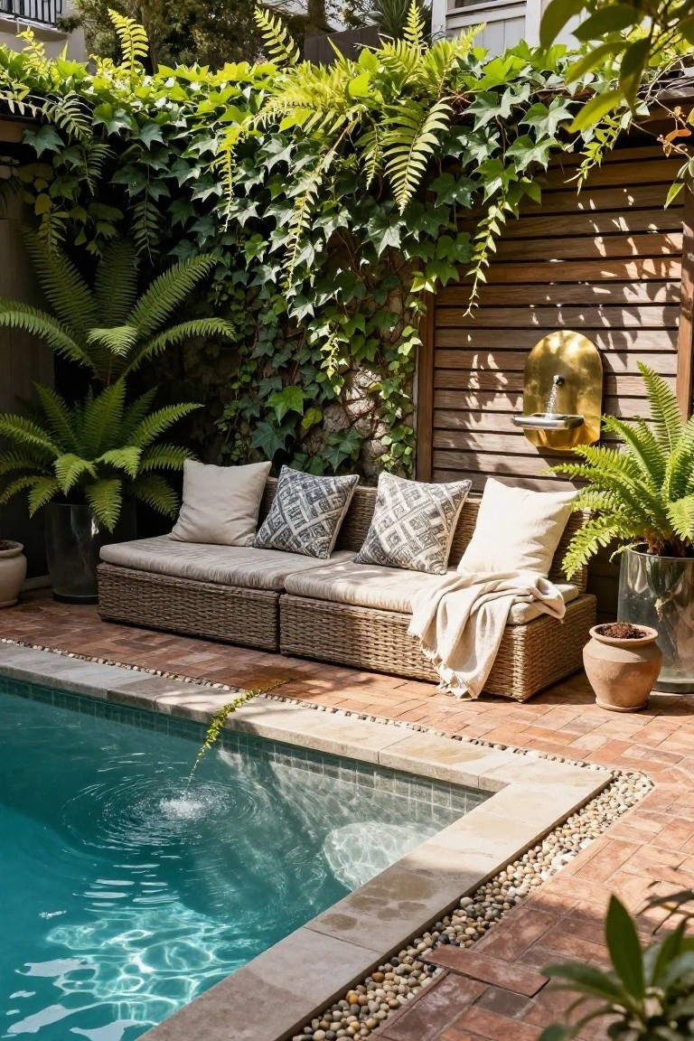 Small turquoise plunge pool with bubbling water feature and pebble edging, next to a beige rattan outdoor sofa with cushions and throw, surrounded by potted ferns, ivy-covered wooden fence, and gold wall fountain.
