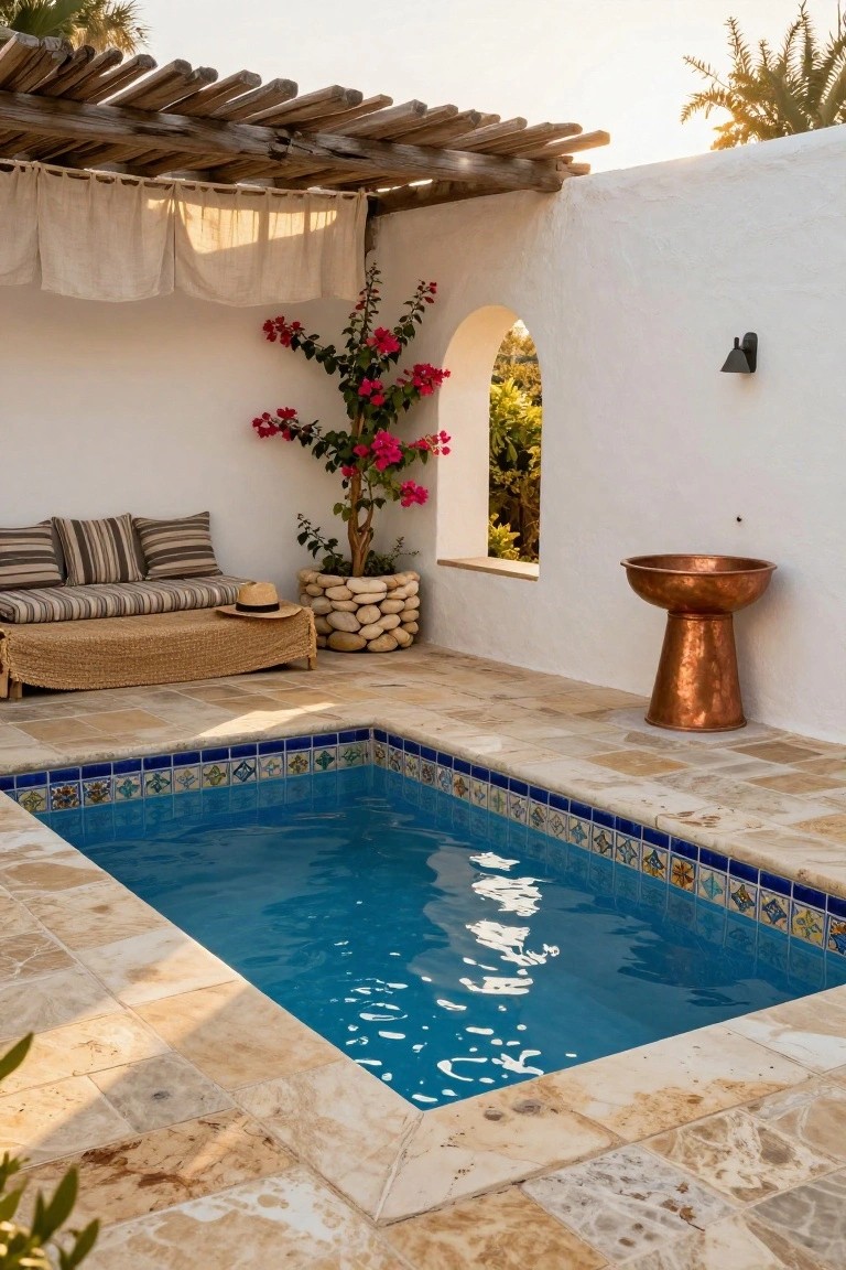 Small rectangular plunge pool with blue patterned tile edges in a stone-paved courtyard enclosed by white stucco walls, with lounge bench, potted bougainvillea, copper basin, and archway window.
