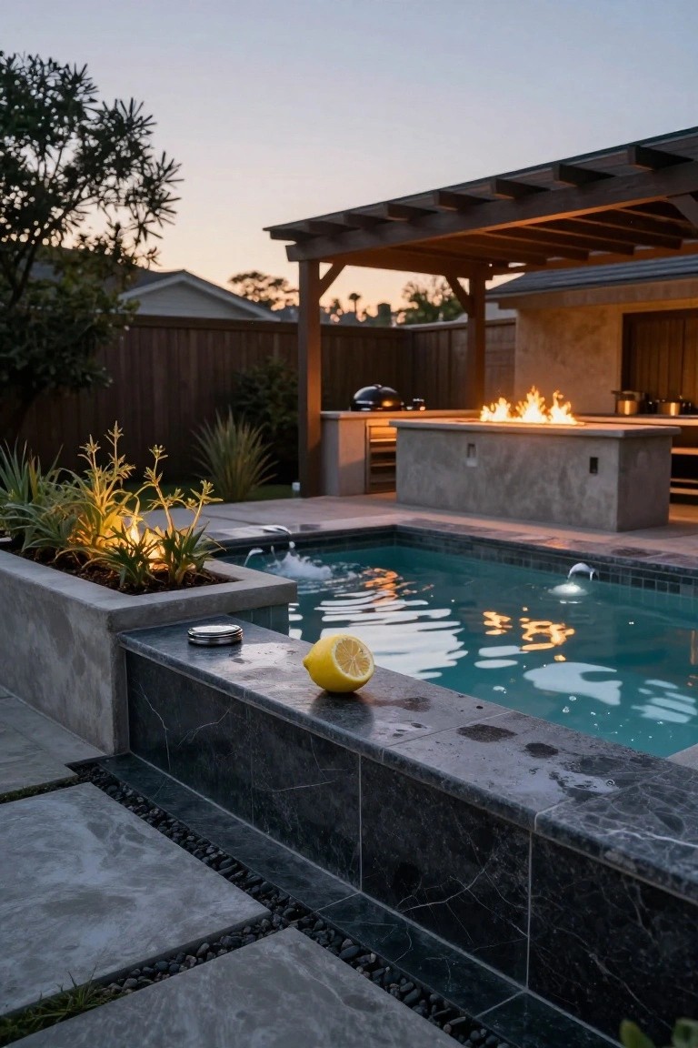 Small turquoise plunge pool with dark marble edging and a yellow lemon on the edge, next to an outdoor kitchen featuring a fire table and grill under a wooden pergola at dusk.