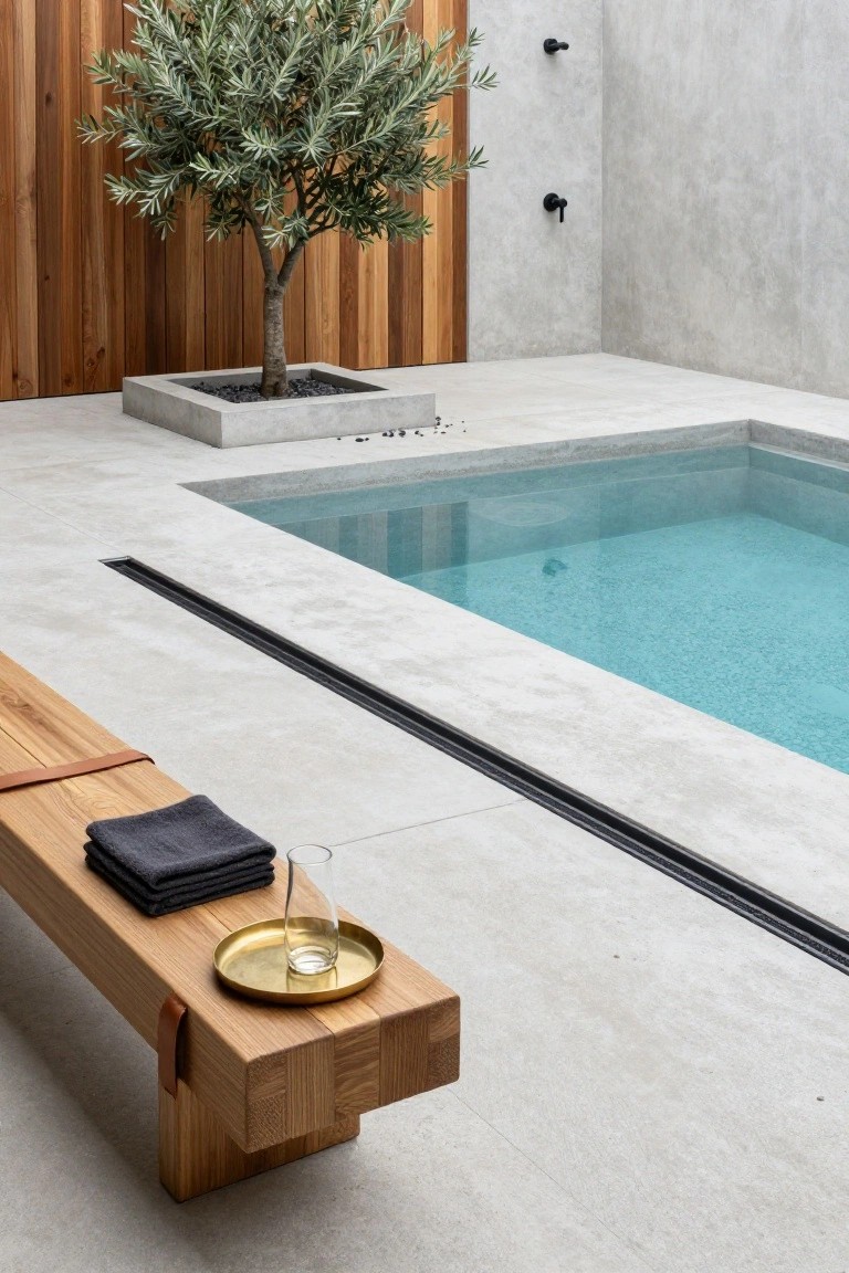 A small turquoise plunge pool embedded in a light gray tiled outdoor deck next to a wooden bench with folded towels, a gold tray, and glass, beside a concrete planter with an olive tree and wood-paneled walls.