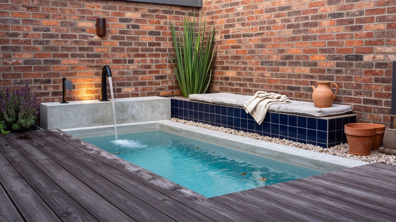 Narrow turquoise plunge pool with concrete edging, built-in tiled bench topped with beige cushions along one side, dark wood deck, potted succulents and herbs, brick walls, and black metal pool fountain.