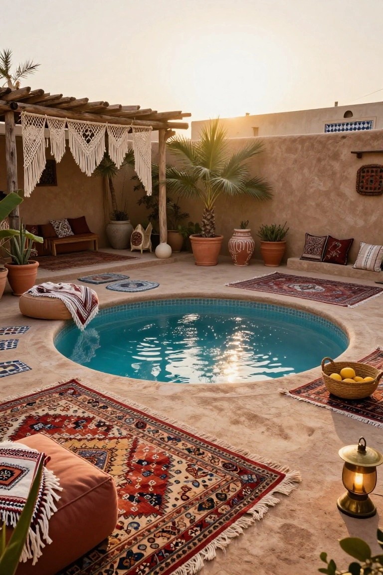 Round turquoise-tiled plunge pool surrounded by layered red and blue patterned rugs, orange poufs, low benches, potted plants, cushions, and lanterns on a beige stone patio in an outdoor courtyard with palm trees and adobe walls at sunset.