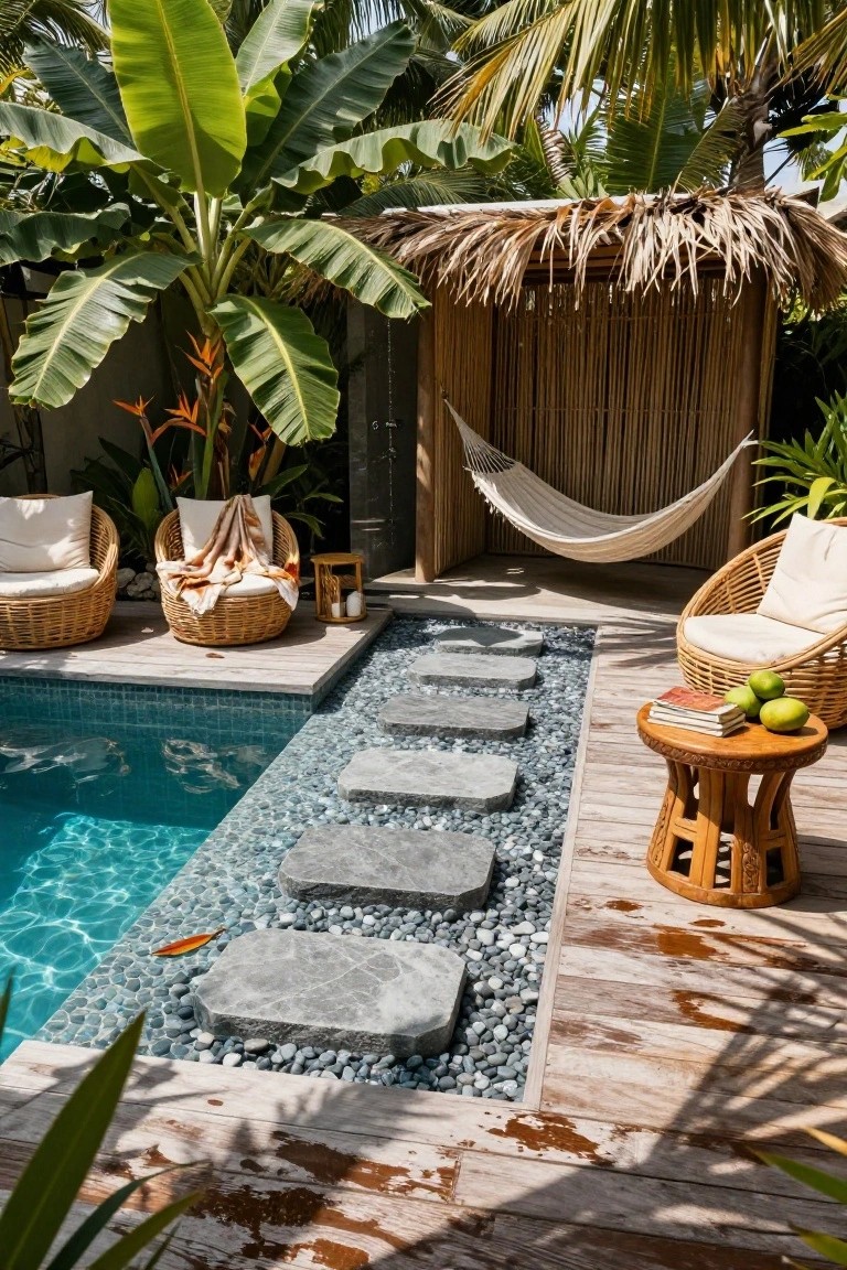 Turquoise plunge pool with irregular gray stone steps crossing white pebbles from a wooden deck, flanked by rattan chairs, a hammock, tropical plants, and a side table with books and fruit.