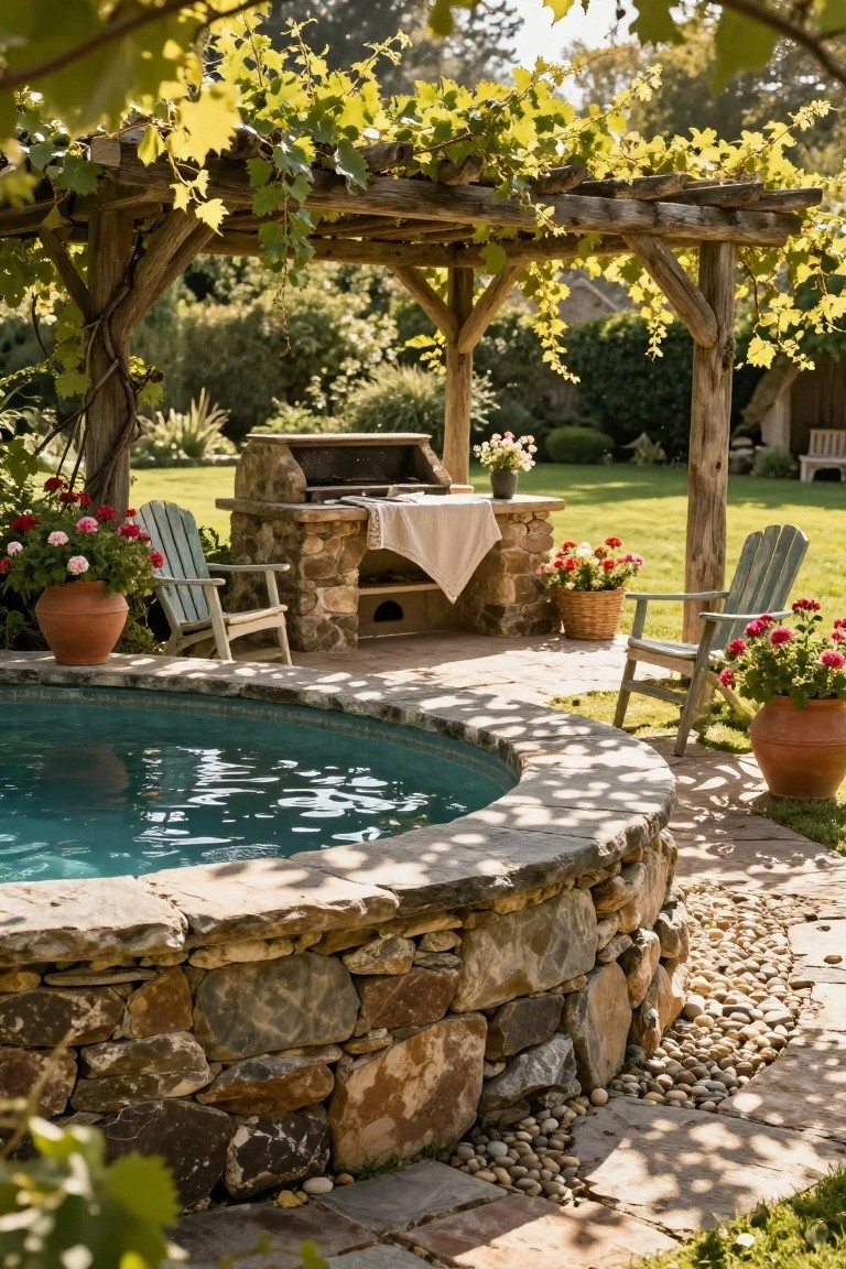 Curved stone-walled plunge pool adjacent to a built-in stone BBQ grill under a wooden pergola draped with vines, flanked by Adirondack chairs, potted flowers, and a gravel path in a garden.