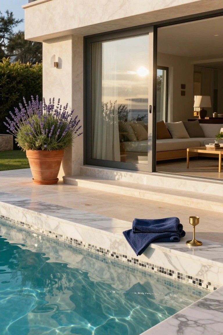 Beige stone modern house exterior with open floor-to-ceiling sliding glass doors revealing a living room sofa and coffee table, adjacent to a turquoise plunge pool with white marble surround, black mosaic tile waterline edge, navy towel and gold candle holder on the pool deck, terra cotta pot of purple lavender plants nearby.
