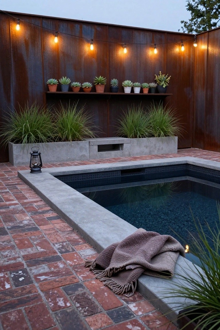 Small rectangular plunge pool with dark mosaic tiles and concrete coping surrounded by red brick pavers, concrete planters with grasses, potted succulents on a rusted metal fence strung with lights, a metal lantern, and a folded blanket on the pool edge.