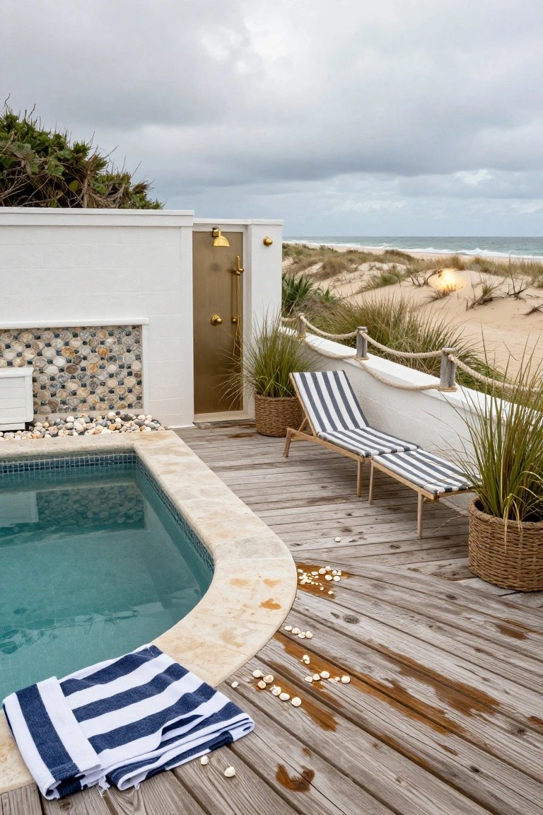 Small turquoise-tiled plunge pool on a wooden deck beside a gold outdoor shower enclosure, with striped beach towels, a lounger chair, potted plants, scattered shells, and ocean dunes in the background.