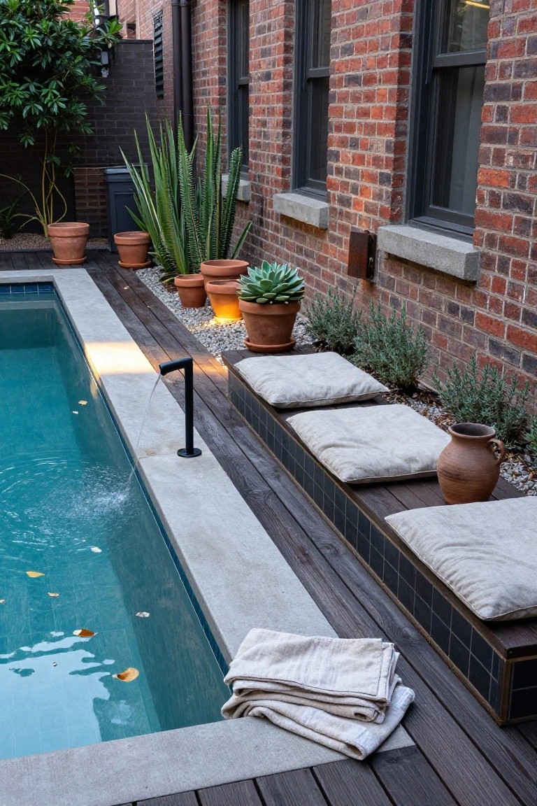 Narrow turquoise plunge pool with concrete edging, built-in tiled bench topped with beige cushions along one side, dark wood deck, potted succulents and herbs, brick walls, and black metal pool fountain.