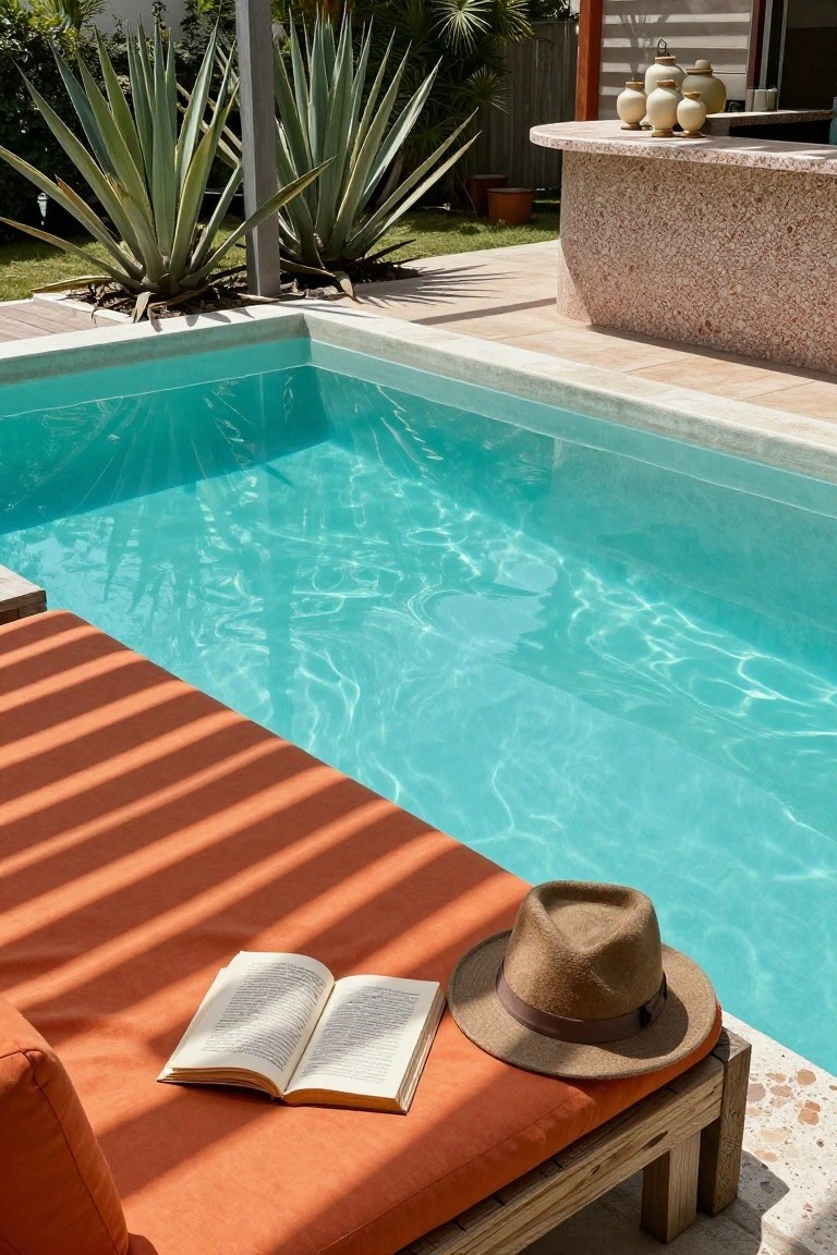 Turquoise plunge pool edged by an orange chaise longue with an open book and brown straw hat on it, agave plants in the background, and a curved pinkish stone bar nearby.