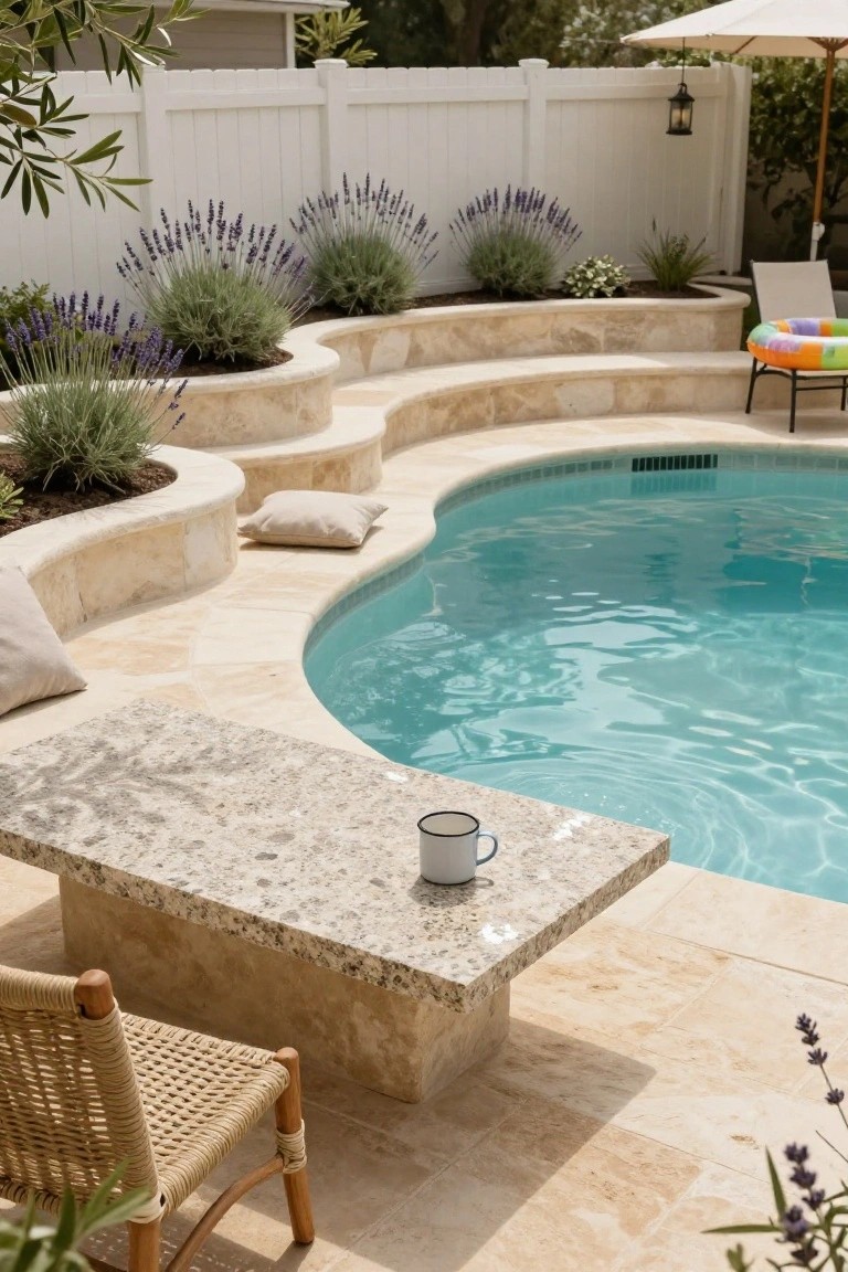 Curved beige stone walls lined with lavender plants form tiered planters and benches around a turquoise plunge pool, with a low stone table holding a white mug, rattan chair, beige pillows, inflatable ring in the water, lounge chair, and white fence in the background.