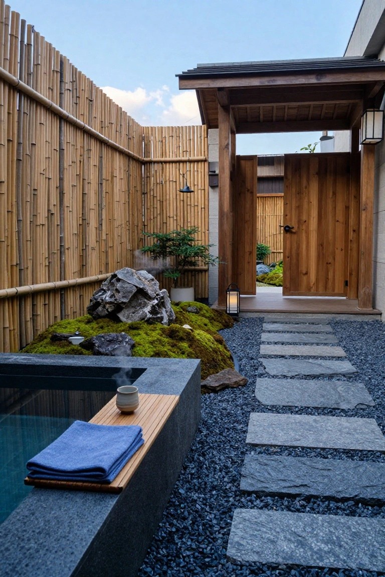 Compact outdoor plunge pool with black stone edging and rising steam, blue towel and teacup on wooden ledge, moss-covered rocks and gravel garden nearby, stone stepping path, bamboo fencing, and wooden gate in background.