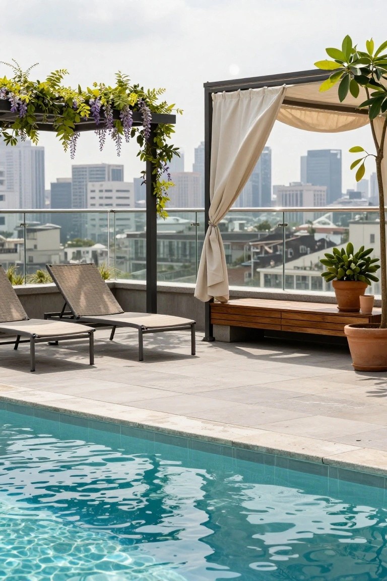 Rooftop terrace with turquoise plunge pool at the edge, two beige loungers, wooden bench, potted plants, vine-draped metal pergola with beige curtains, and city skyline in the background.