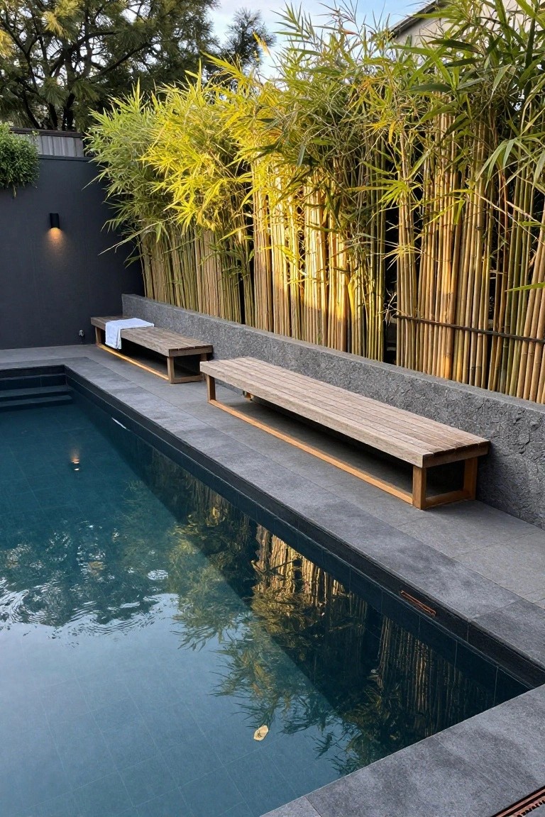 Pool with dark stone surround and steps, two wooden benches along one edge, one draped with a white towel, and tall bamboo screen as backdrop against a dark wall.