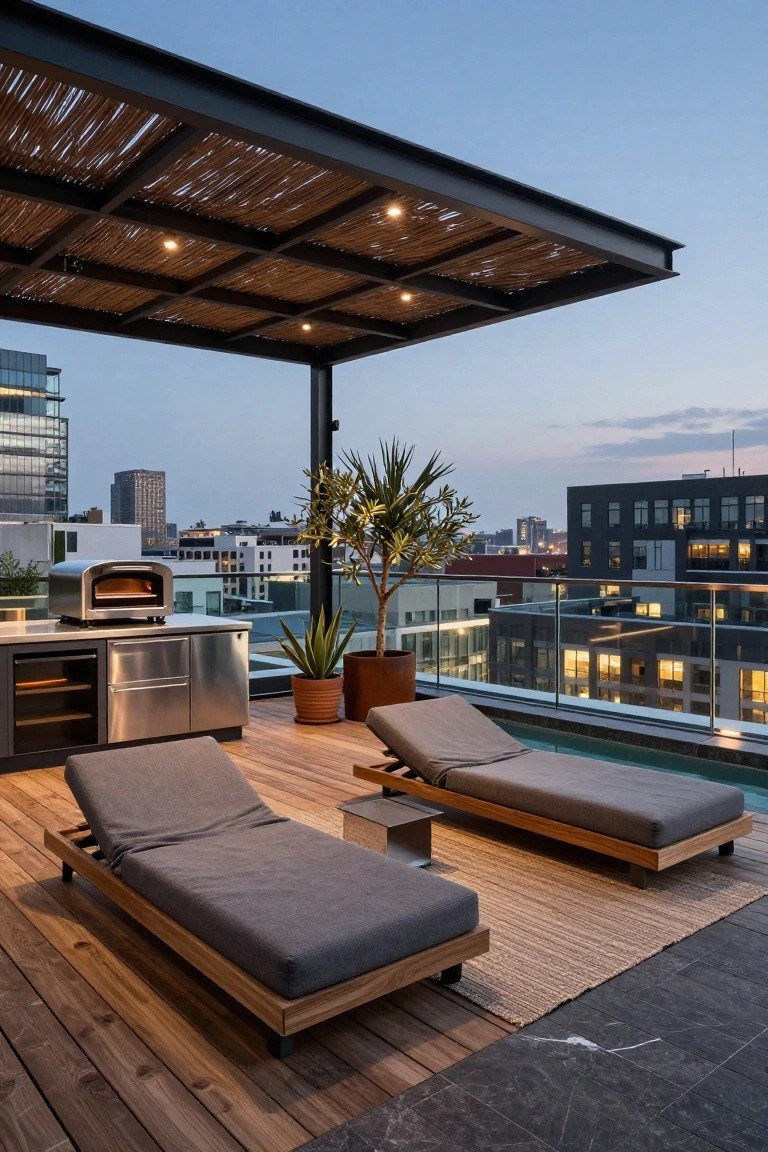 Rooftop terrace deck with a narrow rectangular plunge pool edged in dark stone, two gray cushioned lounge chairs on wood planking, stainless steel pizza oven on a counter, potted plants, reed-covered pergola, and city buildings in the background at dusk.