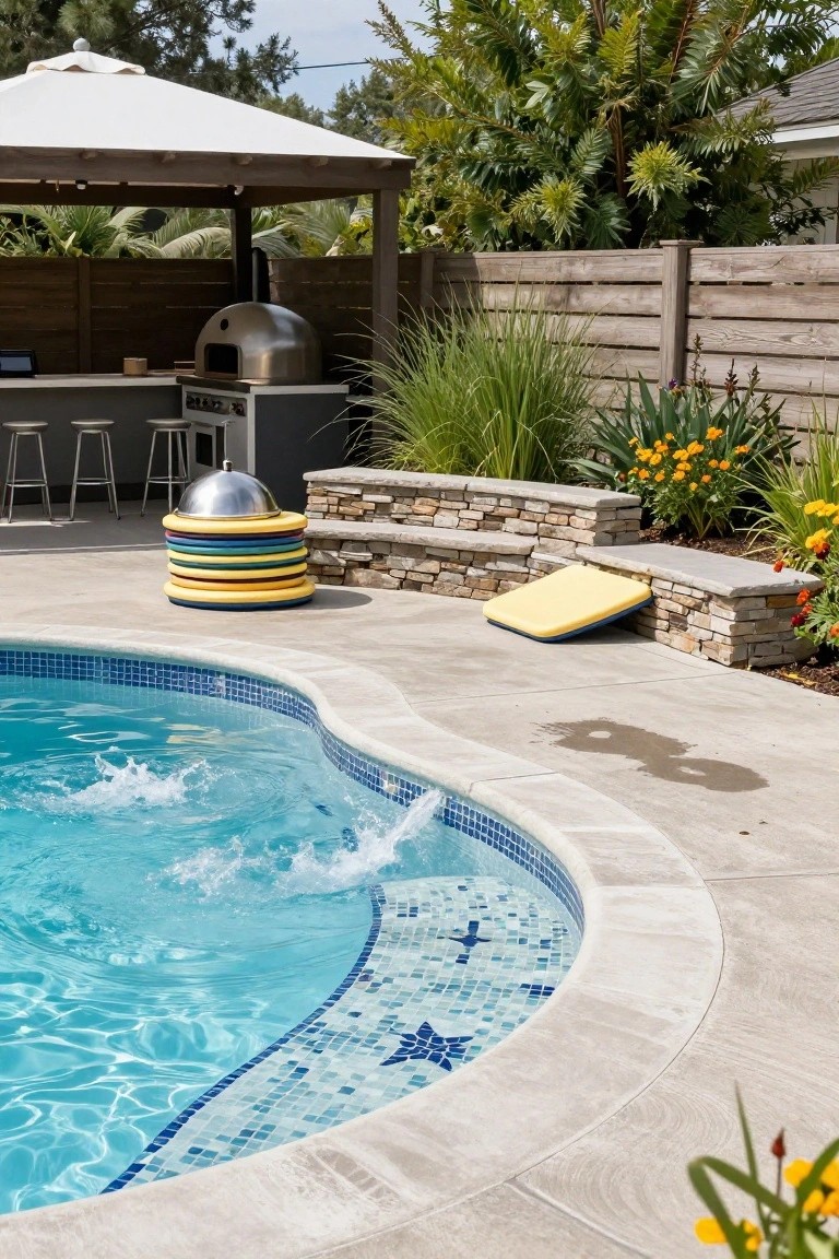 Curved blue mosaic-tiled swimming pool with water splashing onto beige deck pavers, stacked colorful ring floats next to a stone bench, yellow foam pool mat leaning against the bench, outdoor kitchen and plants in the background.