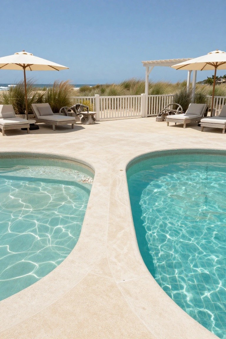 A travertine deck surrounds a split pool with one light blue section and one turquoise section divided by a narrow walkway, with loungers, umbrellas, beach grass, and a white fence overlooking ocean dunes.