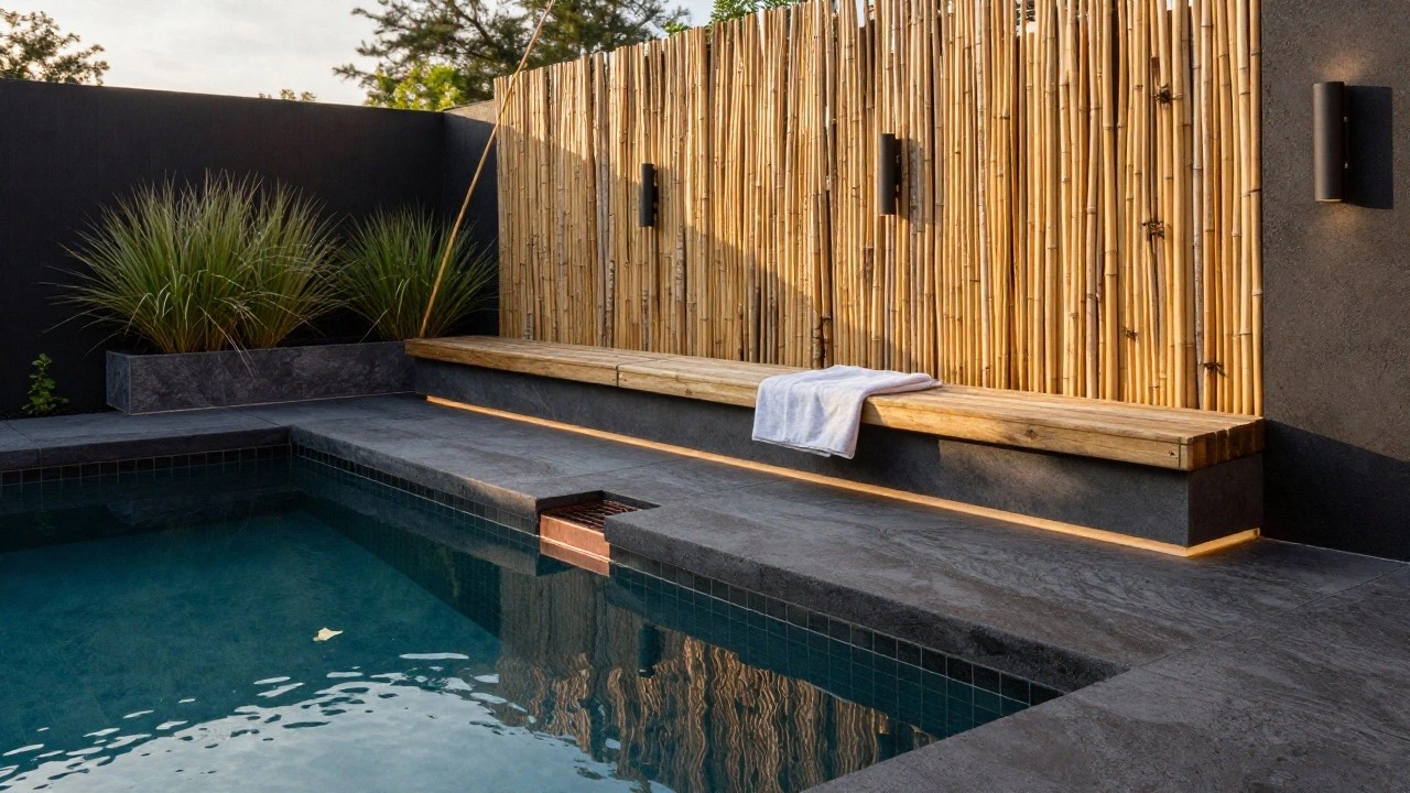 Pool with dark stone surround and steps, two wooden benches along one edge, one draped with a white towel, and tall bamboo screen as backdrop against a dark wall.
