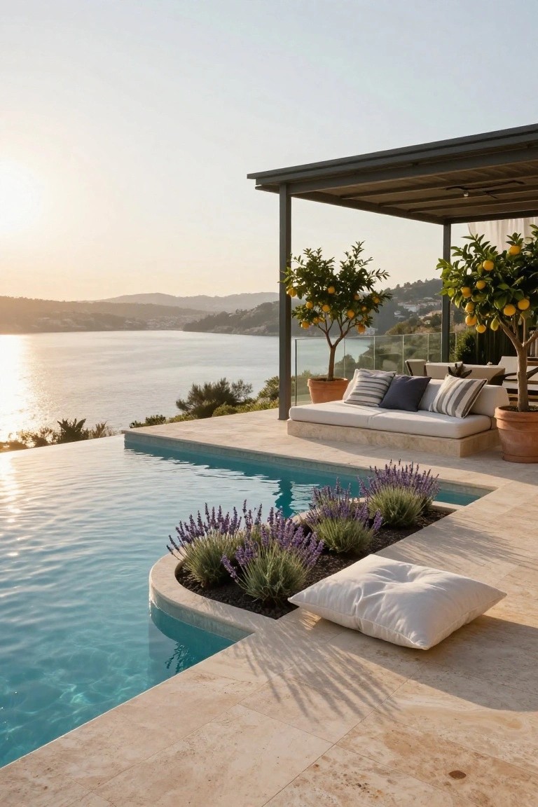 Infinity-edge pool with curved white stone coping and built-in lavender planting beds, white daybed under metal pergola with lemon trees in terracotta pots, overlooking sea and hills at sunset.