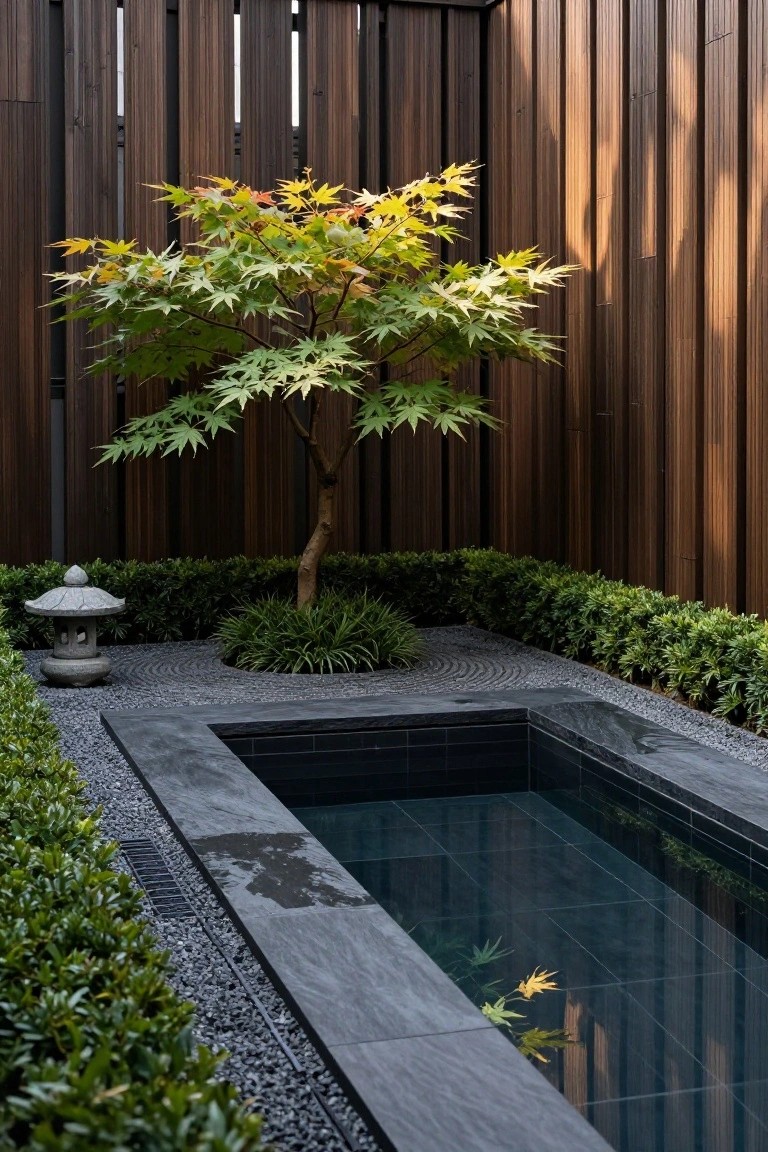 Small rectangular pool with black tiles and reflective water in a gravel courtyard surrounded by wooden fence, Japanese maple tree, stone lantern, and boxwood hedges.