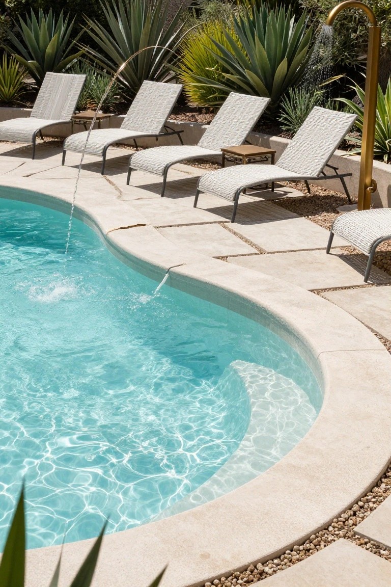 Curved turquoise pool with beige stone coping and deck, lined with several white wicker chaise lounges, agave plants nearby, and a tall gold outdoor shower.