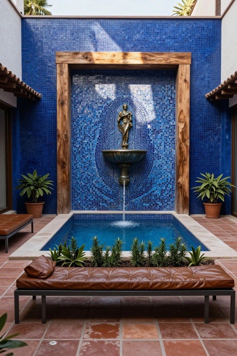 Small rectangular pool in terracotta-paved courtyard with blue mosaic-tiled wall fountain featuring bronze statue, flanked by wooden frame, potted plants, and tan leather daybed.