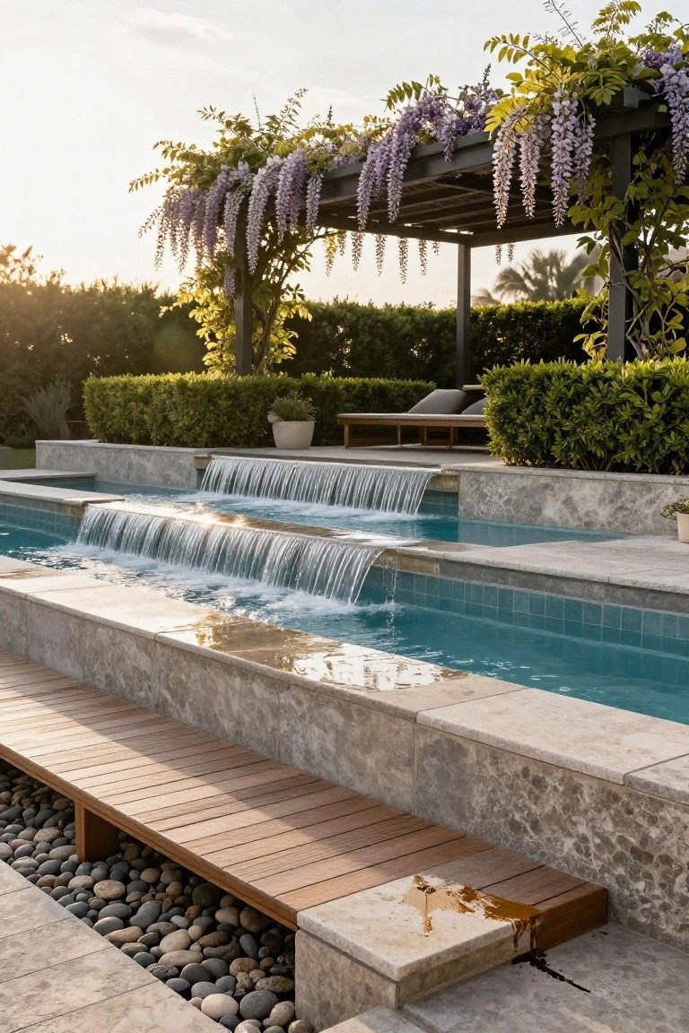 Multi-tiered turquoise pool with cascading waterfalls over stone edges, wooden steps and decking leading down to pebble ground cover, surrounded by boxwood hedges, potted plants, cushioned lounge seating, and a black pergola covered in purple wisteria vines at sunset.