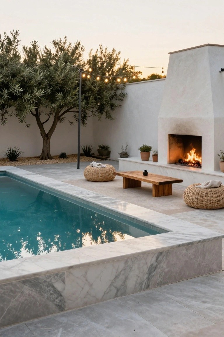 Outdoor swimming pool with white marble edging next to a white stucco outdoor fireplace with burning fire, wooden bench, two woven poufs with towels, olive trees, potted plants, string lights, and gravel ground at dusk.