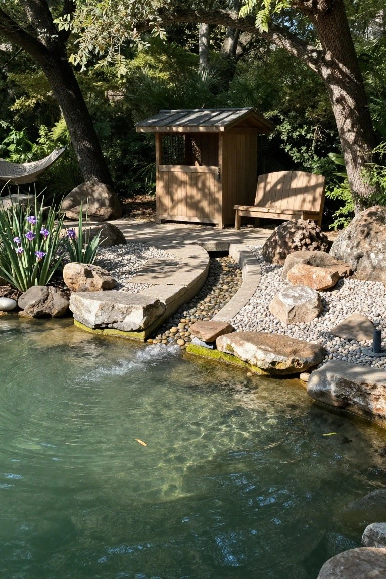 Small green pool with waterfall inflow, bordered by large boulders, flat stones, pebbles, gravel paths, iris plants, wooden shed structure, bench, and hammock amid trees and rocks in a garden setting.