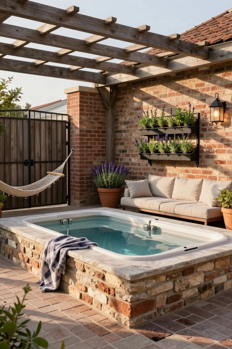 Small hot tub set into a low stone wall on a brick patio, with a wooden pergola overhead, vertical plant wall pockets on brick, potted lavender plants, beige outdoor sofa, hammock on wooden gate, and checkered towel on tub edge.