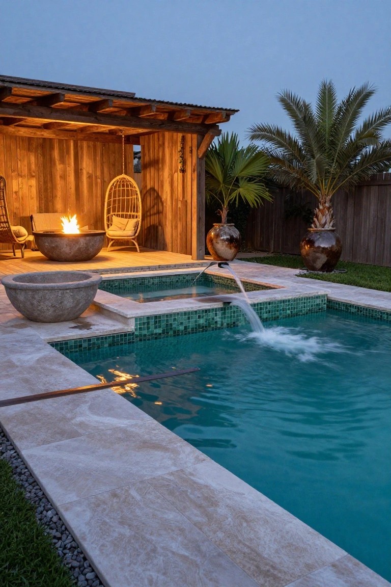Raised spa pool with green mosaic tiles and waterfall spilling into adjacent turquoise main pool on travertine decking, next to stone fire bowl and hanging egg chair under wooden pergola with palms nearby.