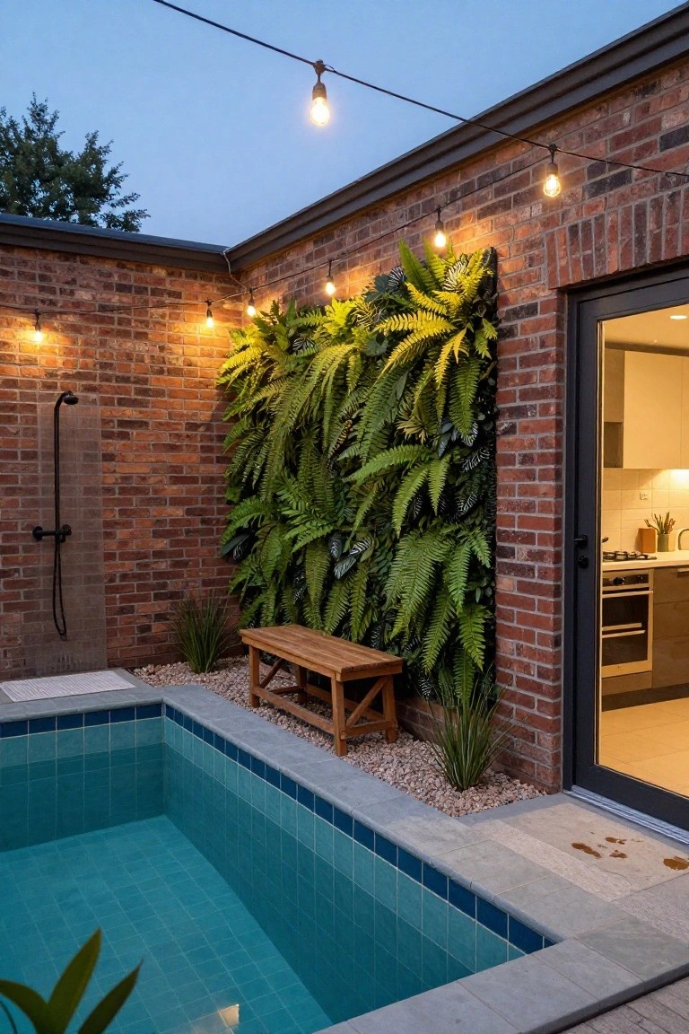Small turquoise pool in brick courtyard with vertical fern wall on one side, outdoor shower, wooden bench, potted plants, string lights overhead, and glass door to modern kitchen.
