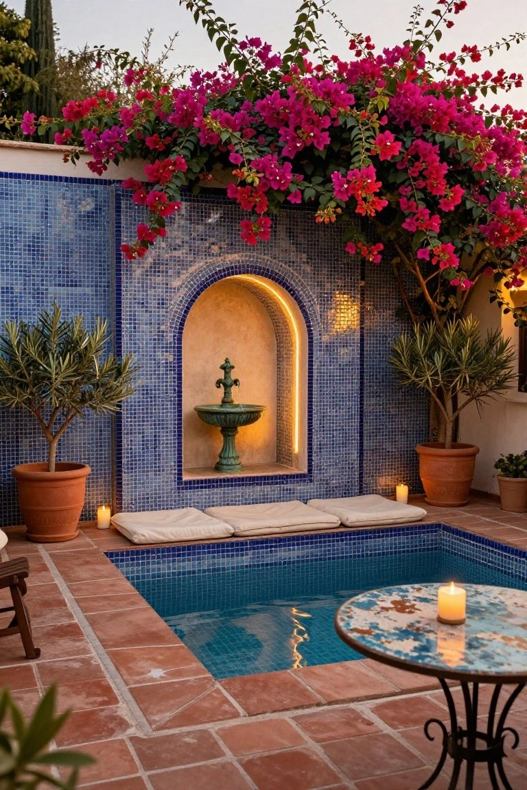 Small blue mosaic-tiled plunge pool in terracotta-paved courtyard with blue tiled walls featuring arched fountain niche, overhanging pink bougainvillea vines, potted olive trees, lounge bench, candlelit table, and potted plants.