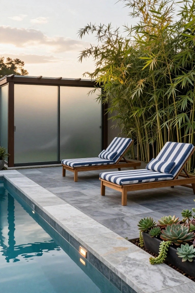 Two wooden lounge chairs with blue-and-white striped cushions on a gray stone deck beside a turquoise pool, screened by tall green bamboo plants next to a frosted glass pavilion.