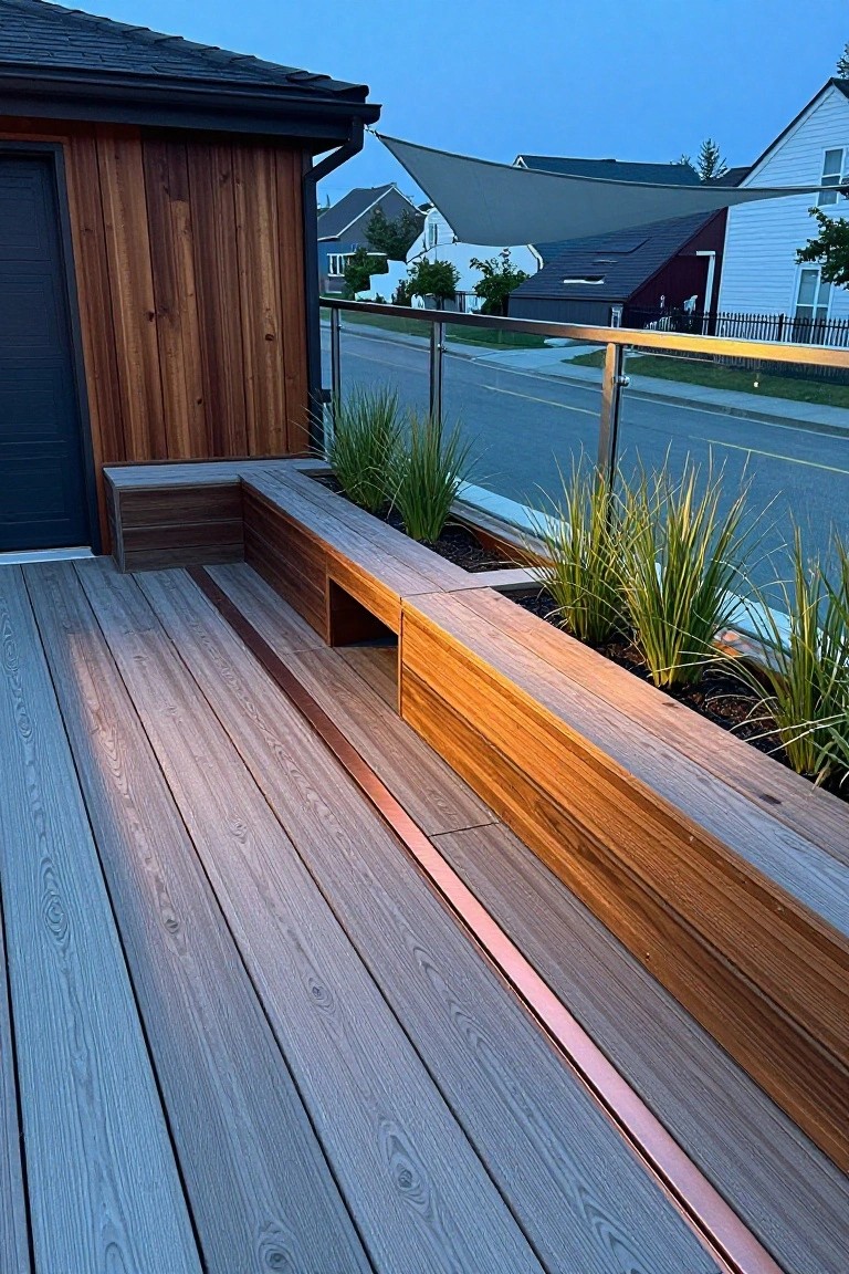 Gray composite deck with integrated L-shaped wooden benches and adjacent planters containing ornamental grasses, copper strip edging, next to a wood and metal garage structure under evening light.