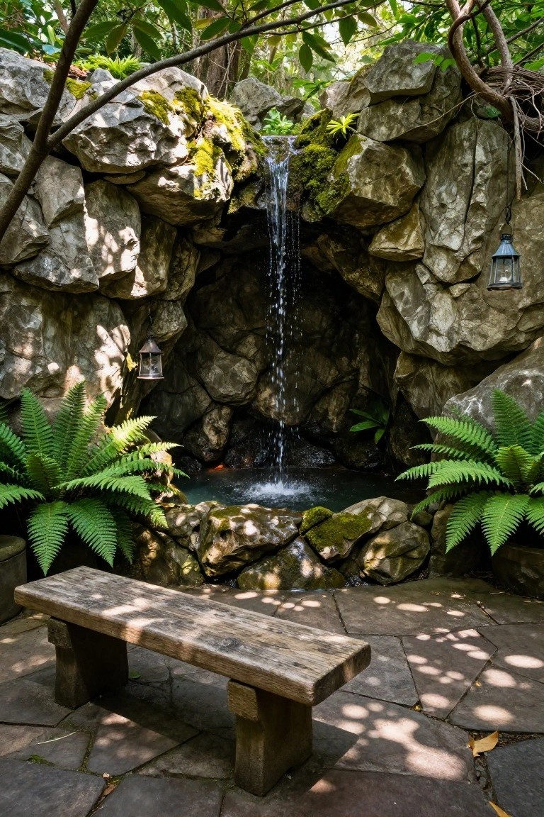 Moss-covered rocks form a grotto with a waterfall flowing into a small pond containing orange koi fish, surrounded by ferns and hanging lanterns, with a wooden bench on a stone patio in front.