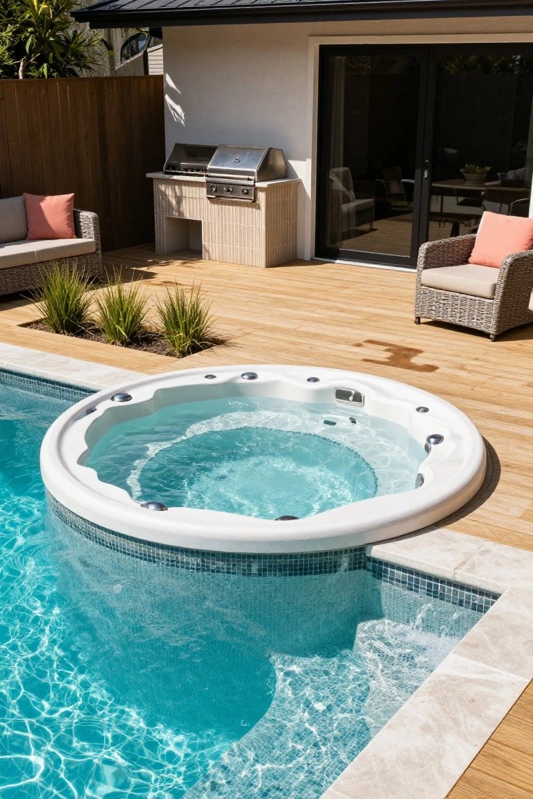 White round hot tub integrated into the edge of a blue mosaic-tiled pool on a wooden deck, surrounded by lounge chairs, plants, BBQ grill, and glass doors to the house.