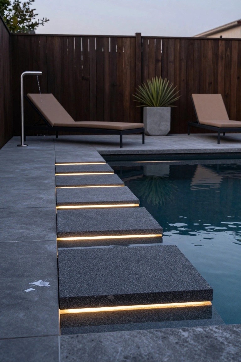 Dark gray stone steps with yellow LED underlighting along the edges leading down into a rectangular dark blue pool, set on a gray tiled deck beside a wooden fence.