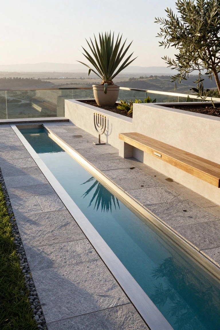 Narrow linear infinity-edge pool on a stone-paved outdoor terrace with wooden bench, metal menorah sculpture, potted agave and olive plants, raised planters, glass railing, and hillside view in background.
