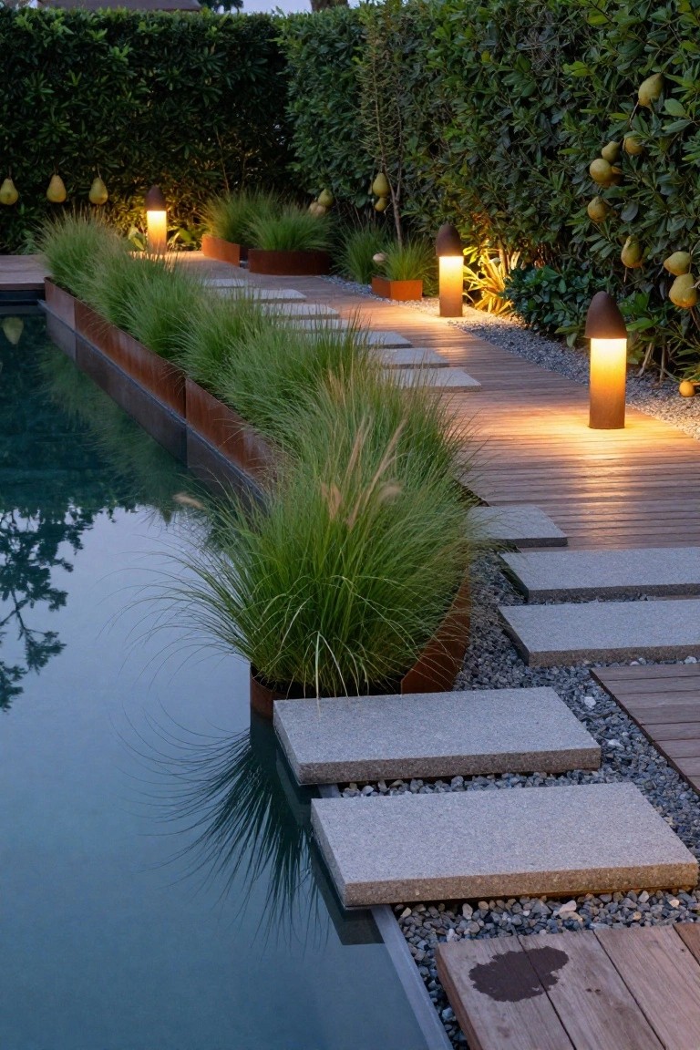 Backyard pool with tall grasses in linear rusted metal planters along one edge, stone steps and wooden deck pathway leading to it, lit by tall cone-shaped lamps, hedges and potted plants in the background.