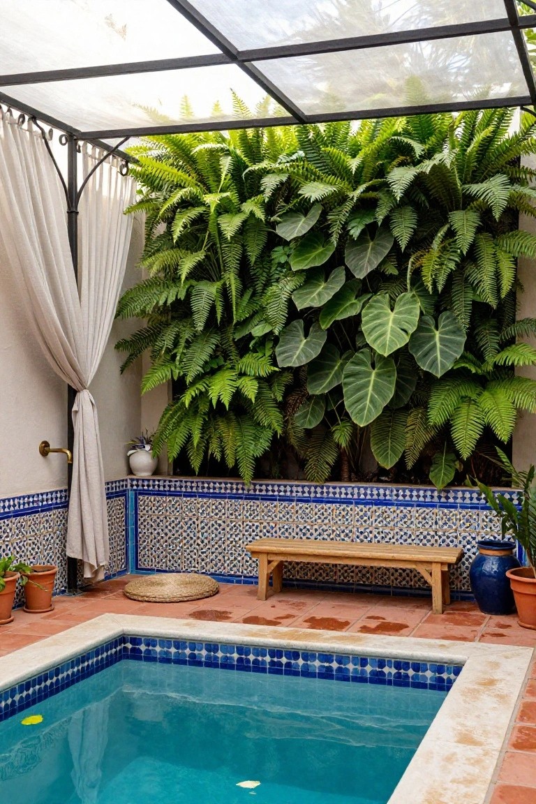 Small rectangular pool with blue mosaic tiles in a terracotta-floored outdoor courtyard, backed by a dense vertical wall of green ferns and large-leafed plants, wooden bench, potted plants, and sheer curtains under a glass-roofed metal frame.