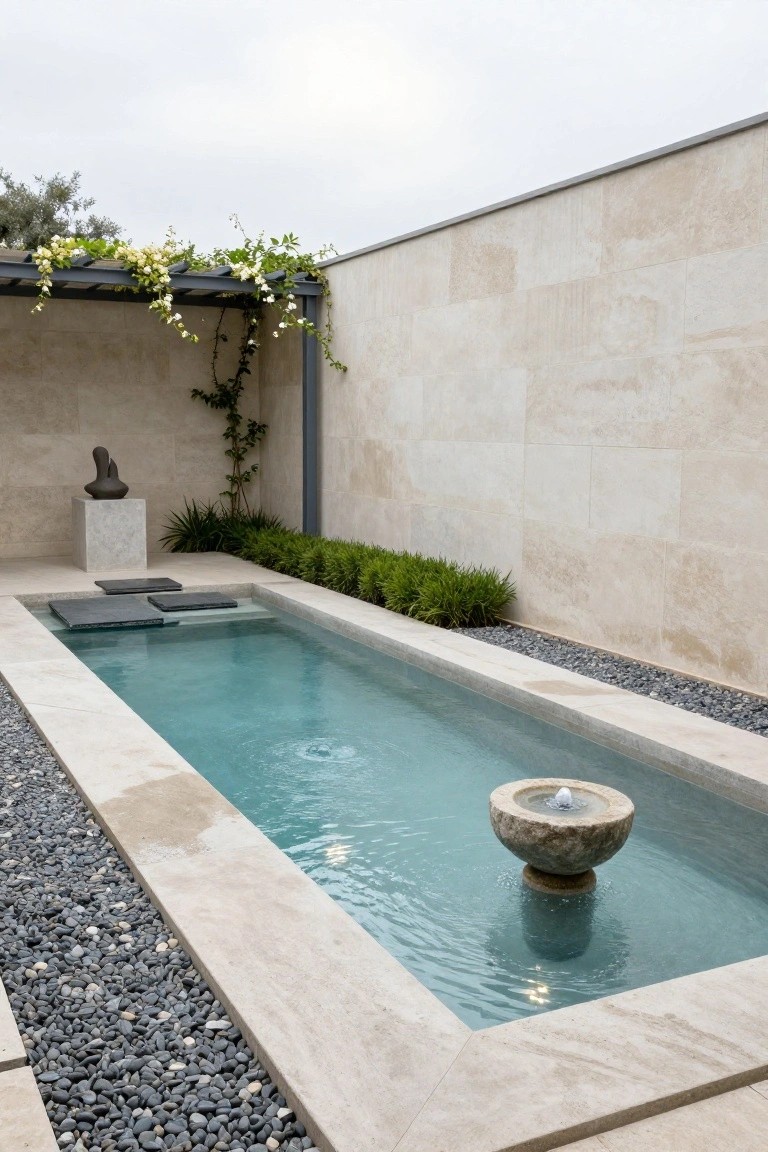 Narrow rectangular plunge pool with turquoise water and central stone fountain, edged in travertine surrounded by pebbles and greenery against beige stone walls, with a dark sculpture nearby.