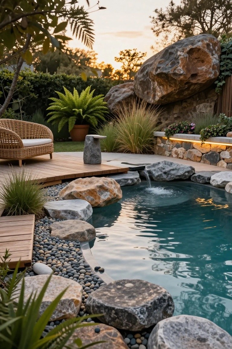 A turquoise backyard pool with edges formed by large gray and orange boulders, a small waterfall, surrounding pebbles and decking, rattan lounge chair, potted ferns, grasses, and sunset lighting.