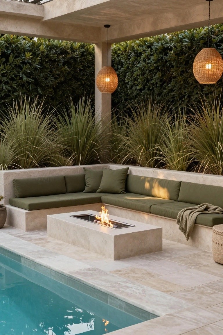 Outdoor L-shaped built-in green bench seating around a rectangular gas fire pit table on a light stone pool deck, with tall grasses, hedges, hanging woven pendant lights, and a turquoise pool edge in view.
