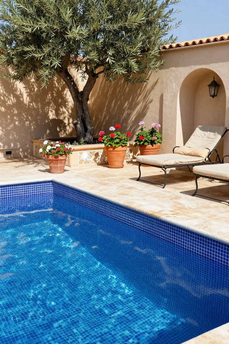 Rectangular swimming pool with blue mosaic tiles bordered by beige stone patio, two pairs of beige lounge chairs, large terracotta pots with red and pink geraniums, white flowers in another pot, olive tree, and arched beige wall with lantern.