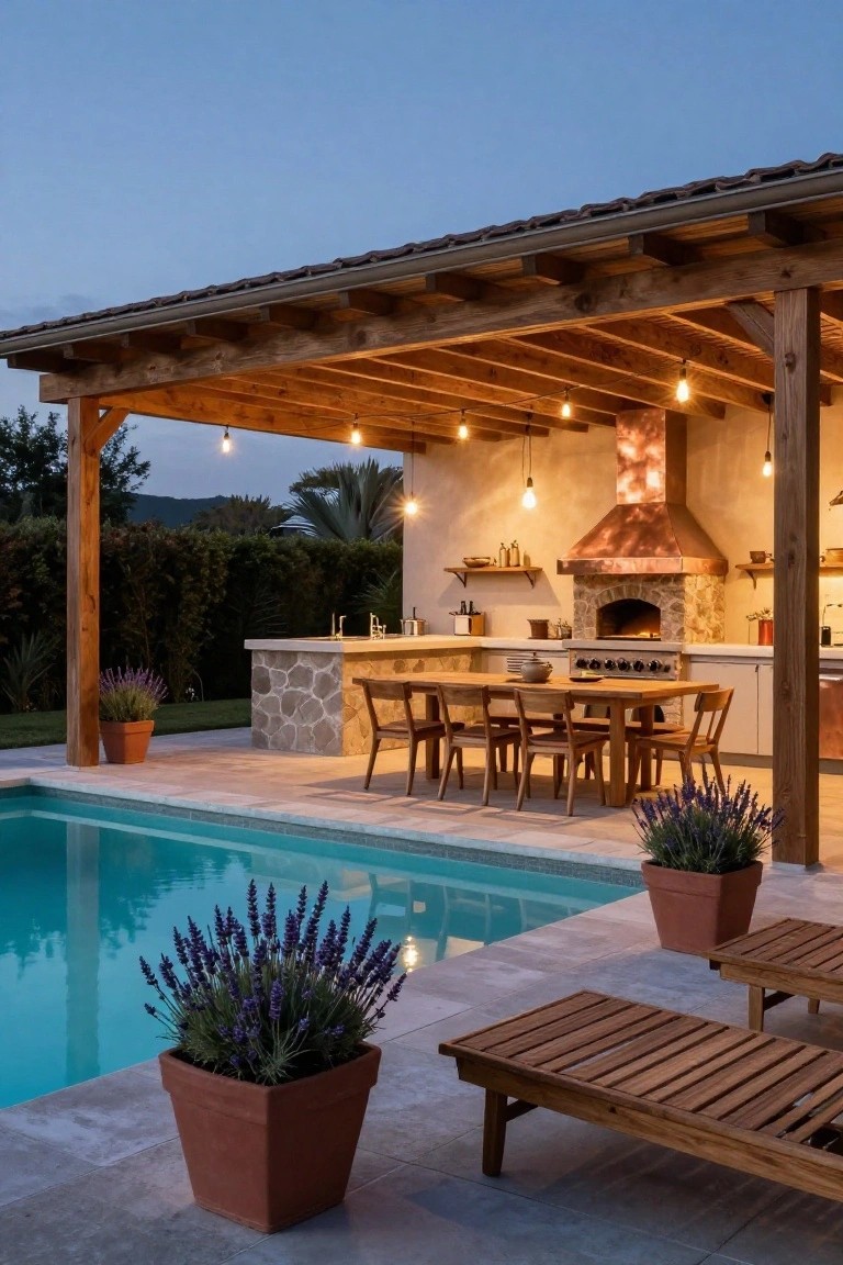 Wooden pergola-covered outdoor kitchen with stone counter, copper-hooded pizza oven, wooden dining table, and lounge chairs adjacent to a turquoise pool surrounded by potted lavender plants.
